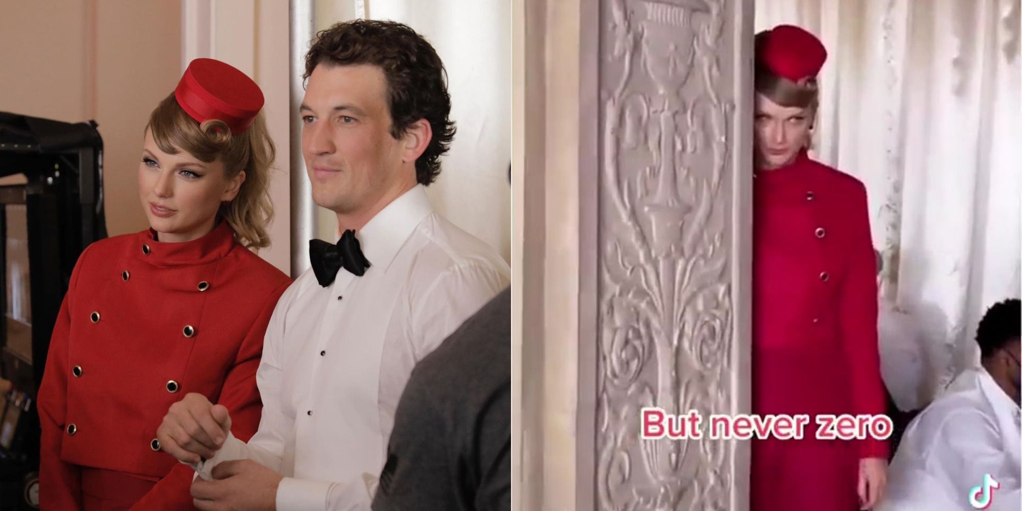 Split image of Taylor swift and Miles Teller, with Taylor hiding behind a pillar.
