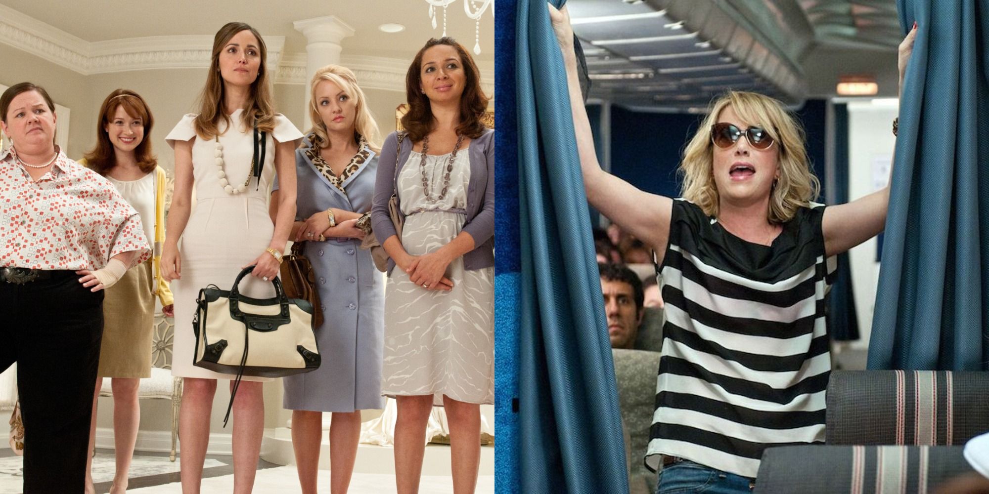 Split image of the cast on Bridesmaids, and Annie in the plane in Bridesmaids.