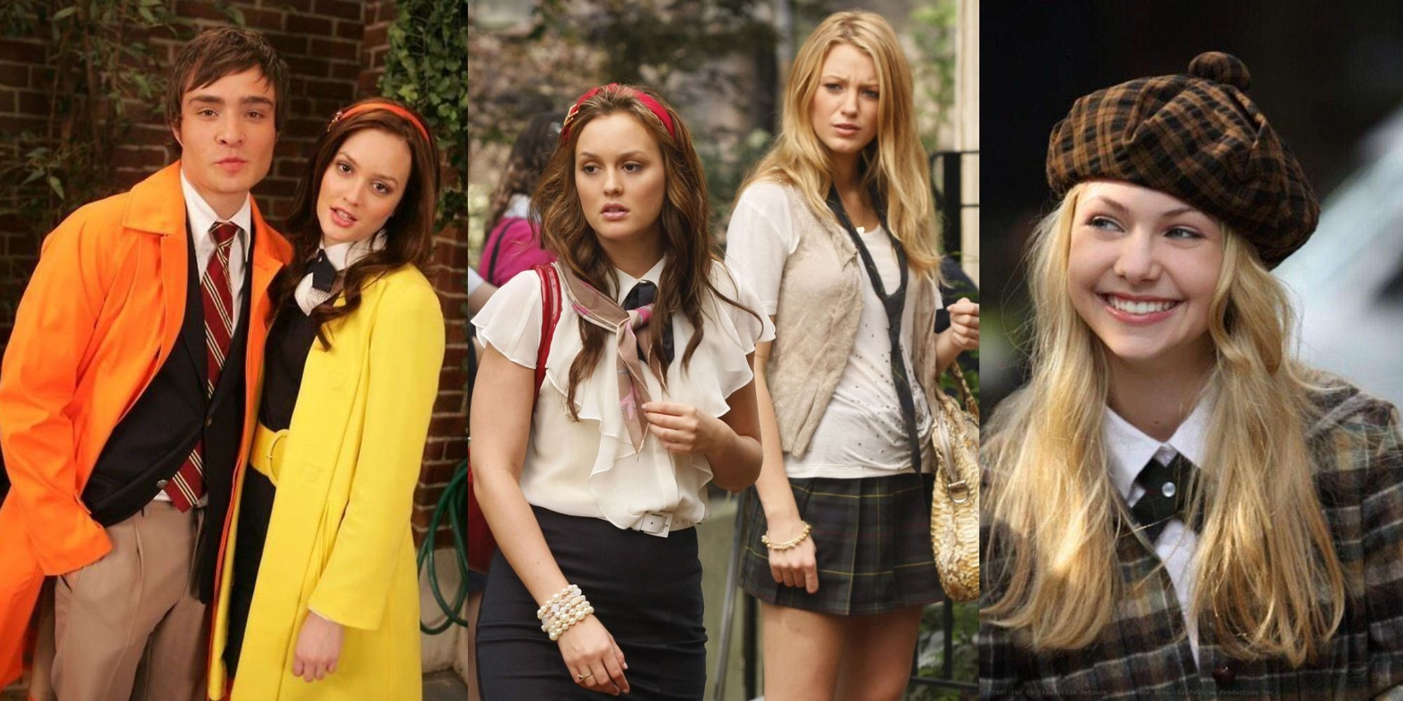 Split image of Chuck and Blair posing, with Serena looking annoyed with Blair, and a laughing Jenny in Gossip Girl.