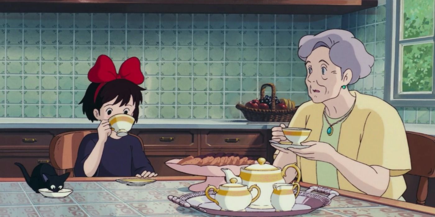 Kiki and Jiji with Madame having tea in Kiki's Delivery Service