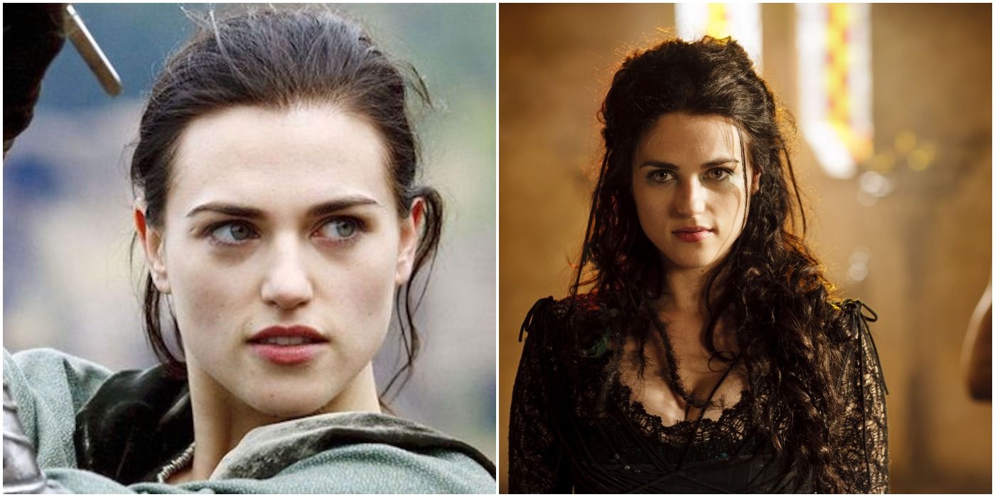 Morgana Pendragon with sword on left, in black dress on right