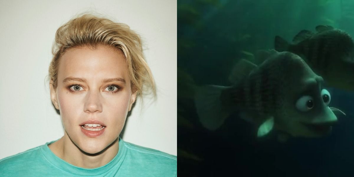 Kate McKinnon looks shocked next to her Pixar character Inez from Finding Dory.