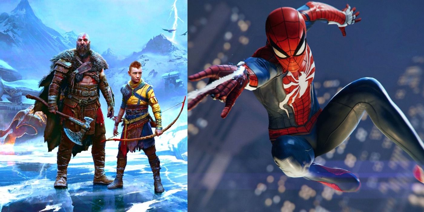 Split image of God of War characters and Spider-Man in Playstation games