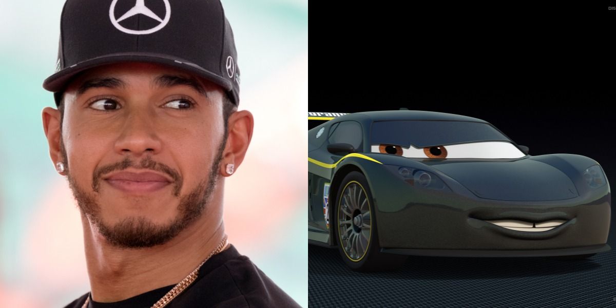 Lewis Hamilton smirks at his Cars 2 character.