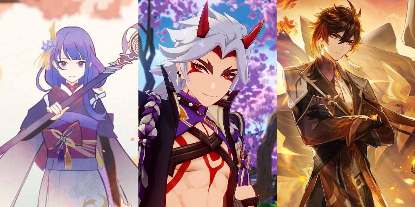 Split image of Raiden, Arataki Itto, and Zhogli from Genshin Impact