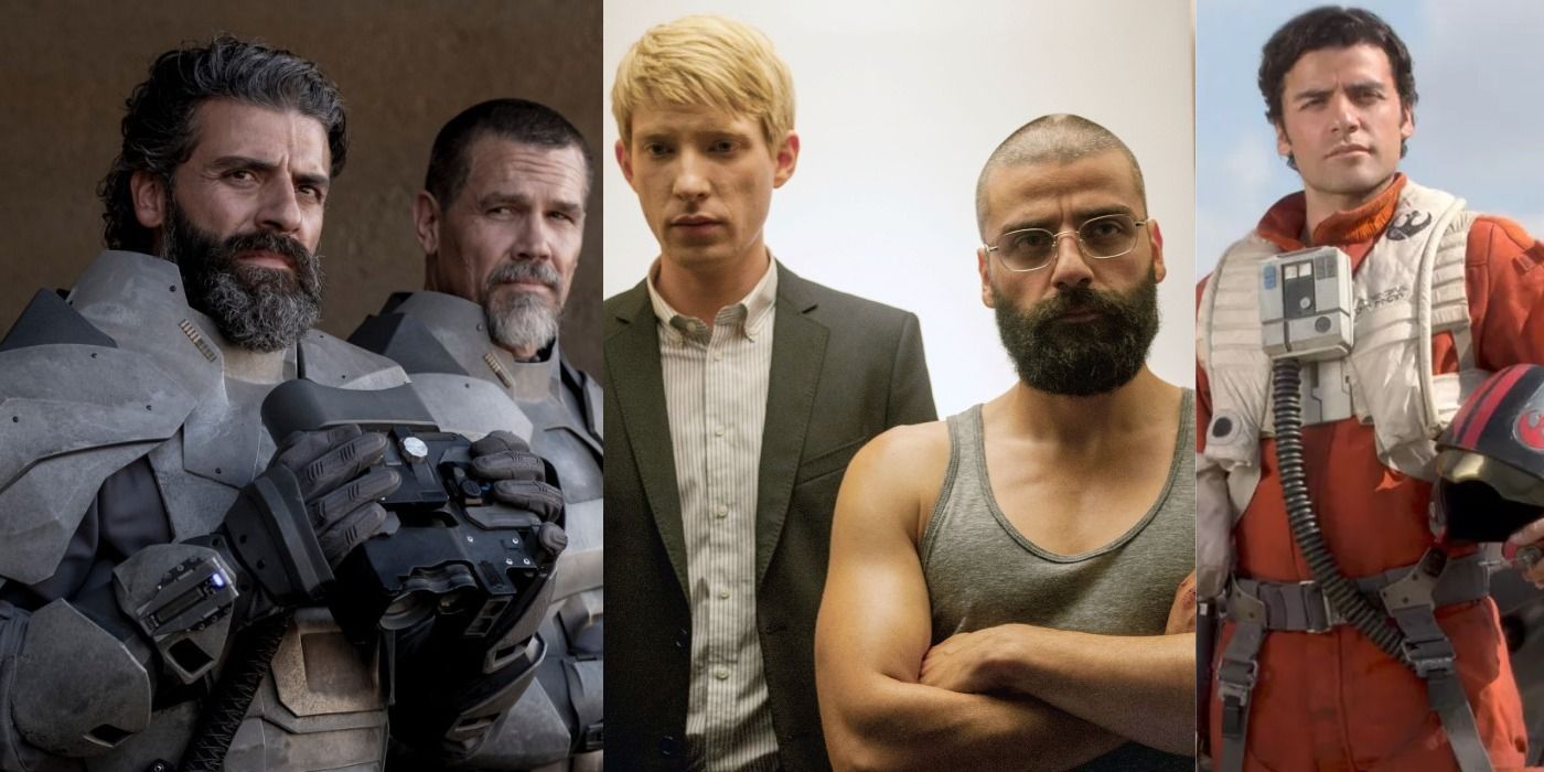 Split image of Oscar Isaac with Josh Brolin in Dune, with Domnhall Gleeson in Ex Machina, and in Star Wars