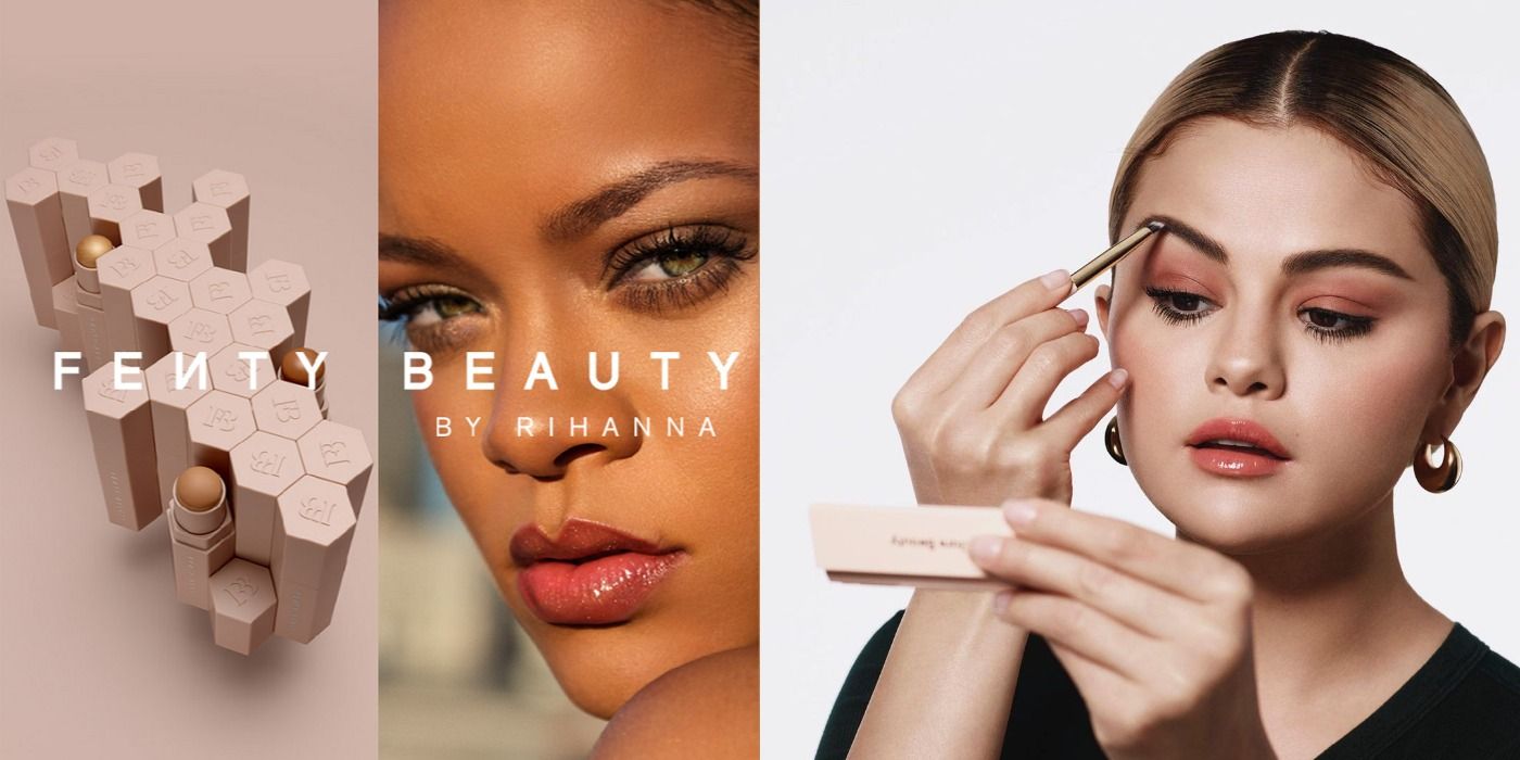Split image of Rihanna in a Fenty Beauty ad and Selena Gomez applying Rare Beauty makeup