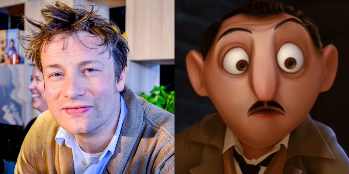 Jamie Oliver smirks next to the health inspector from Ratatouille.