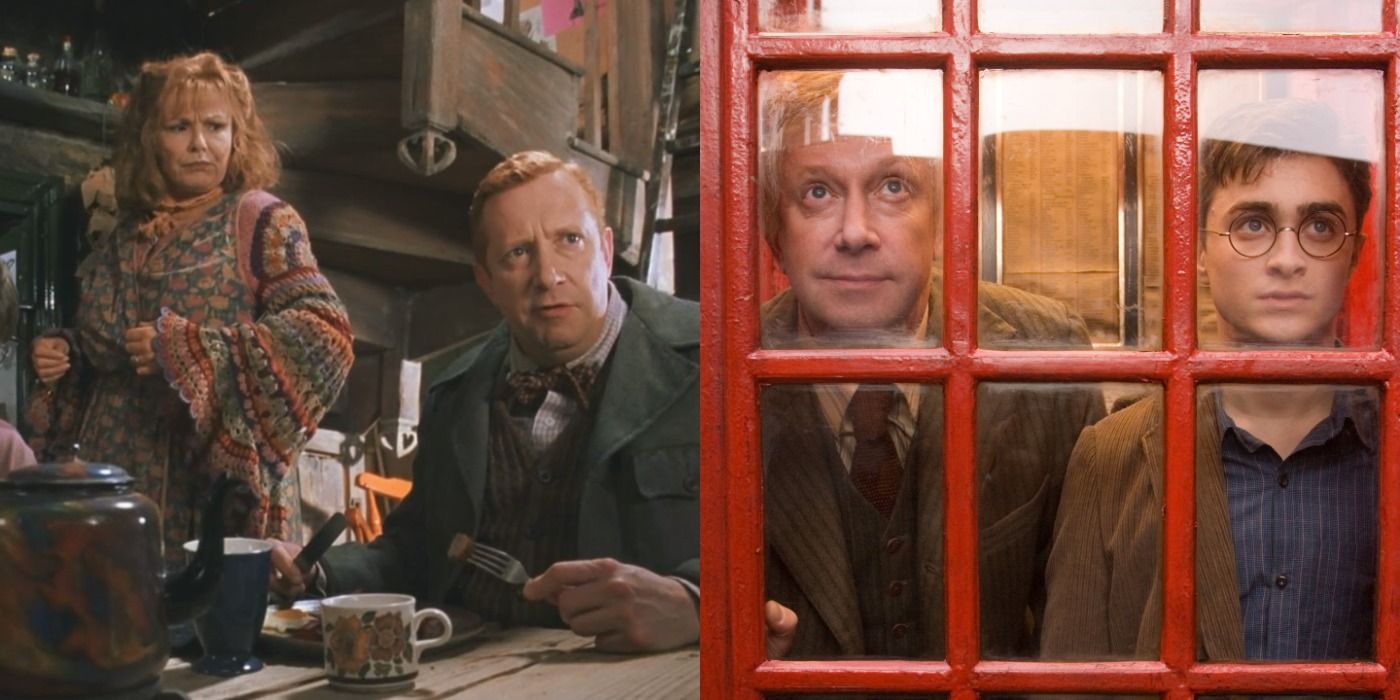 Split image of Molly and Arthur Weasley and Arthur with Harry Potter