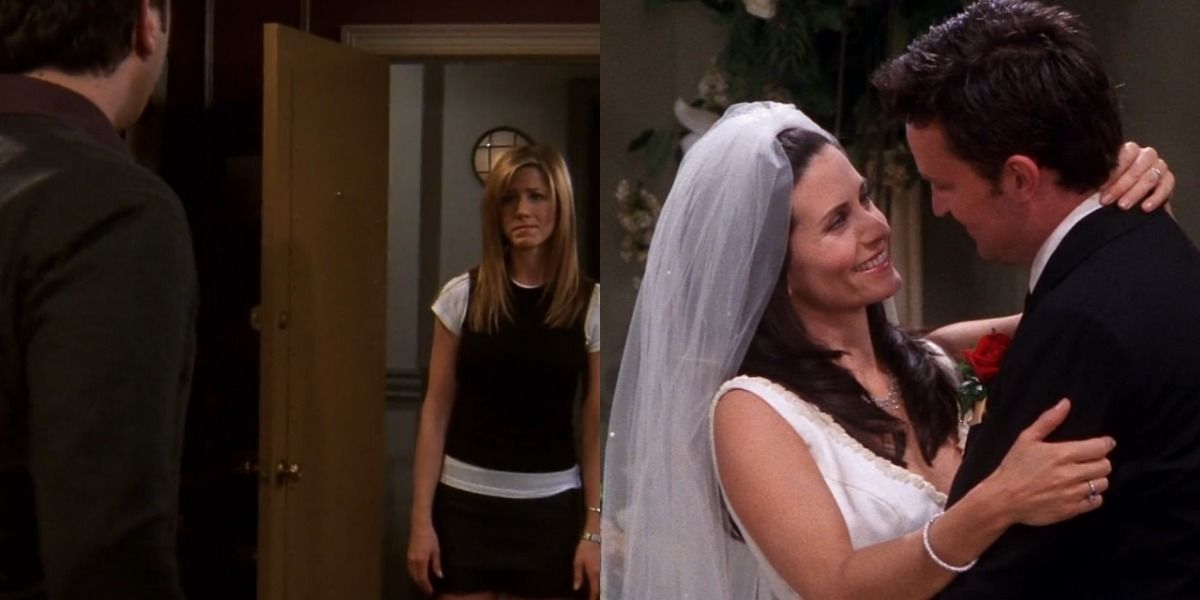 Split image of Chandler and Monica marriage, and Rachel and Ross