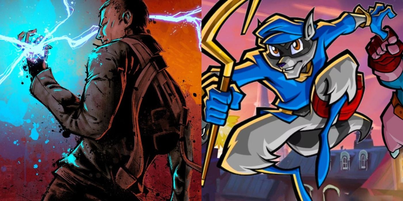 Split image of shots from Infamous and Sly Cooper