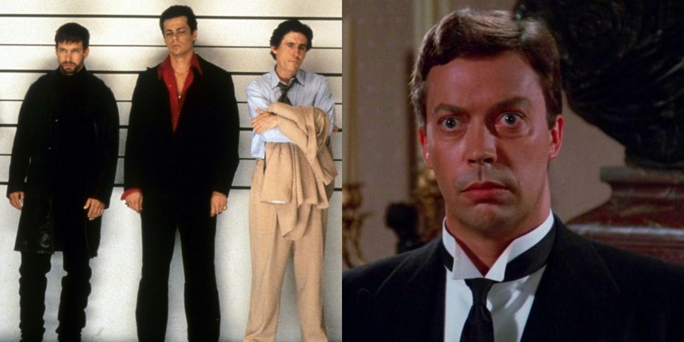 Split image of characters from The Usual Suspects and Tim Curry in Clue