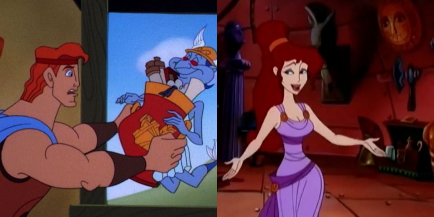 Split image of the Hercules, Hermes and Meg in Hercules Animated Series