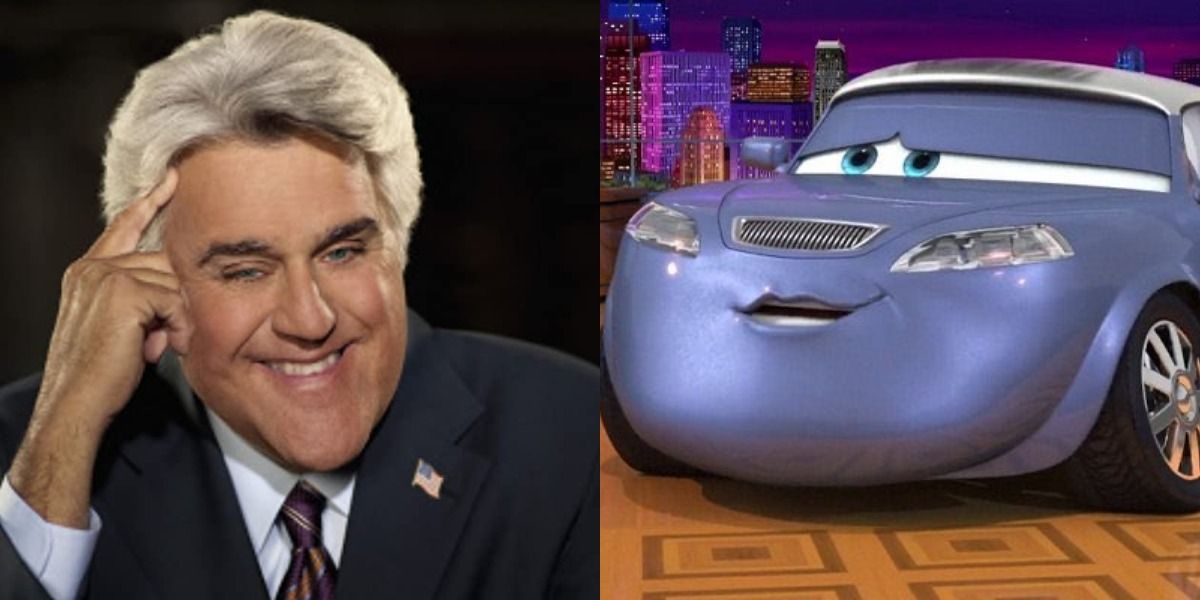 Jay Leno smiles next to his car character Jay Limo, who is presenting The Tonight Show With Jay Limo.