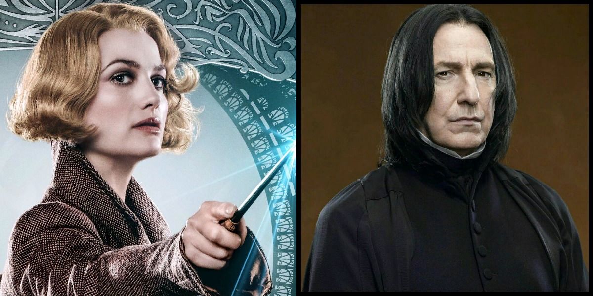 Queenie is pointing her wand forwards as its tip glows blue, whilst Snape is standing against a brown background. 