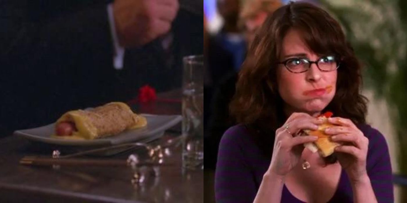 Split image of a food on a dish &amp; Liz Lemon eating in 30 Rock.