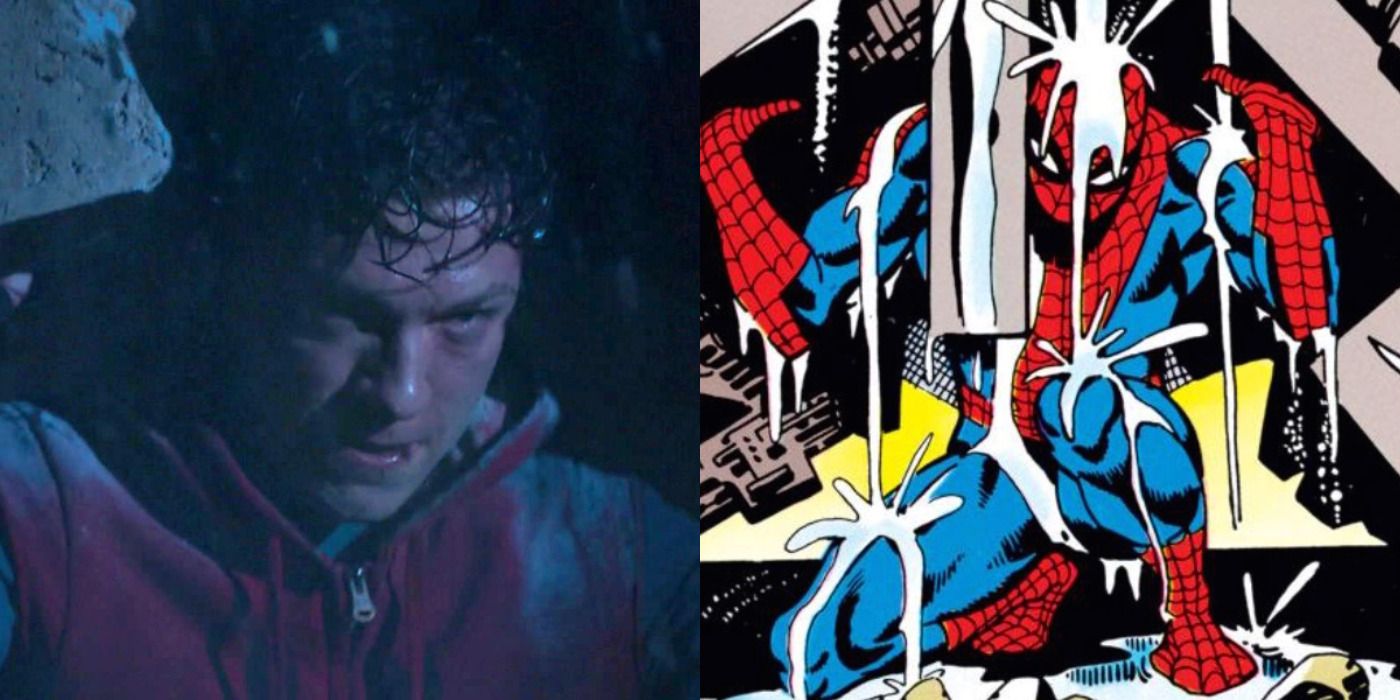 Split image of Peter under rubble in Homecoming &amp; Spider-Man under debris in Marvel Comics.