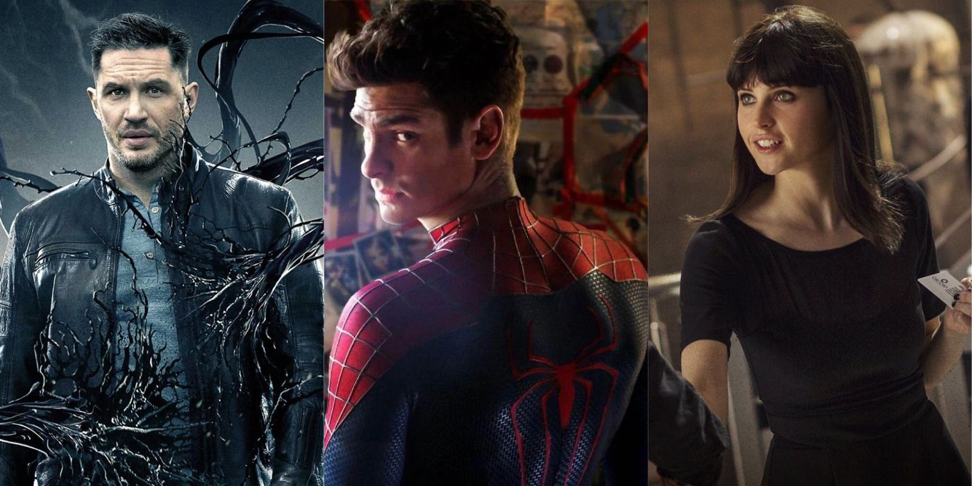 Split image of Eddie Brock in Venom, Andrew Garfield & Felicity Jones in The Amazing Spider-Man 2.
