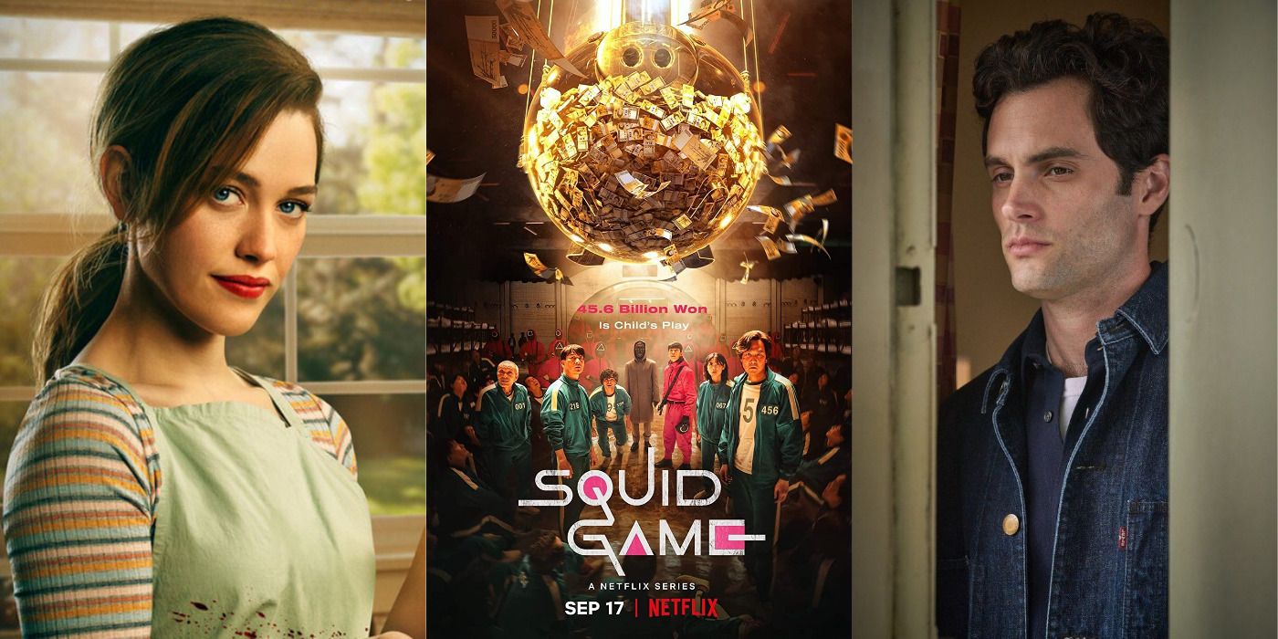 Split image of Love in the kitchen, the Squid Game poster, & Joe looking serious in You.