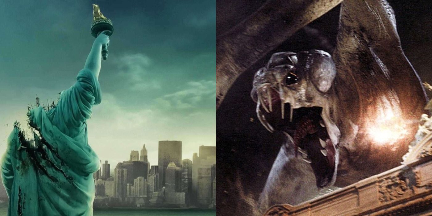 Split image of a damaged Statue of Liberty & a screaming monster in Cloverfield.