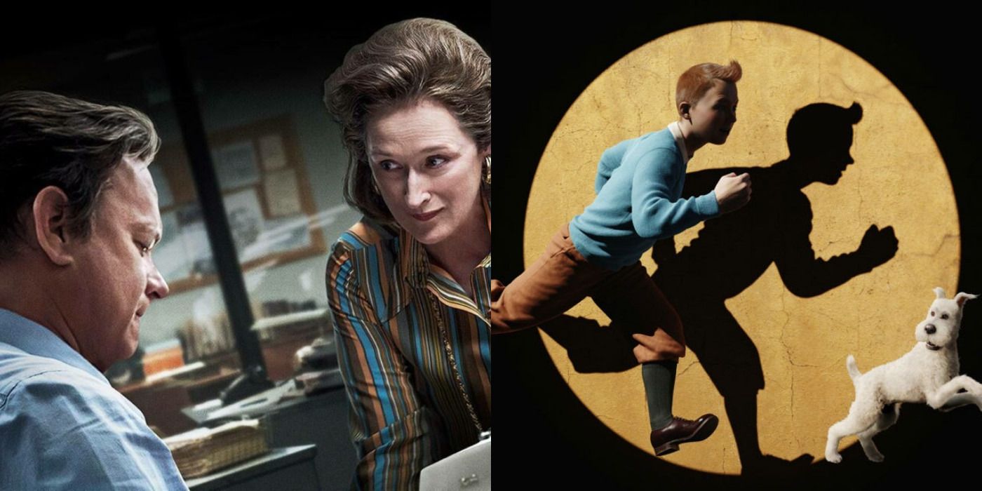 Split image of Meryl Streep looking at Tom Hanks in The Post & Tintin in The Adventures of Tintin.