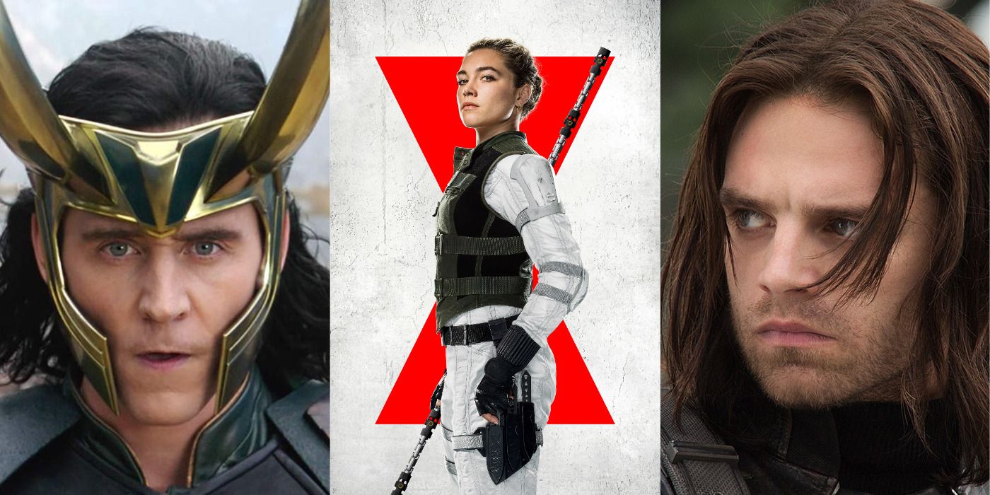 Split image of Loki in Thor: Raganrok, Yelena in Black Widow, & Bucky in Captain America: The Winter Soldier.