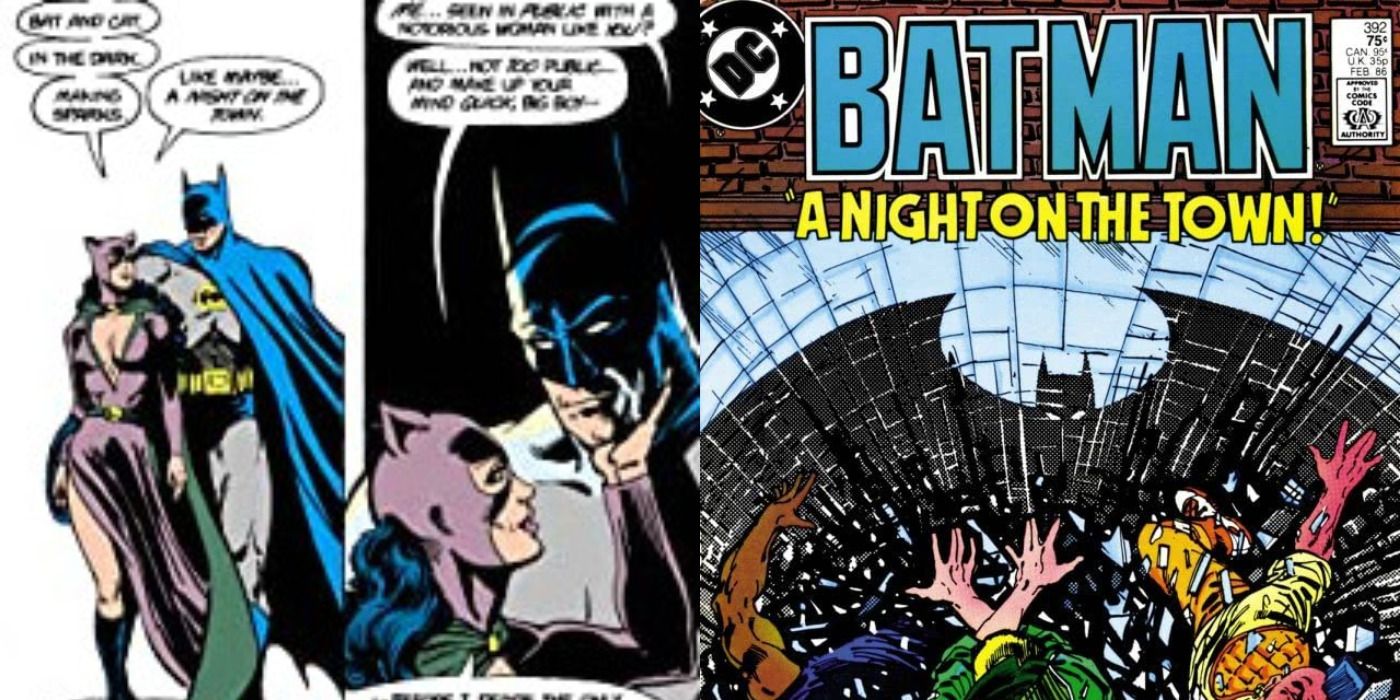 Split image of Batman &amp; Catwoman embracing &amp; Batman fighting in DC Comics.