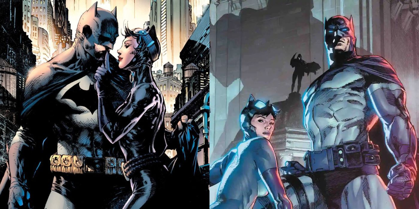 Split image of Batman & Catwoman embracing & both sitting on a roof in DC Comics.