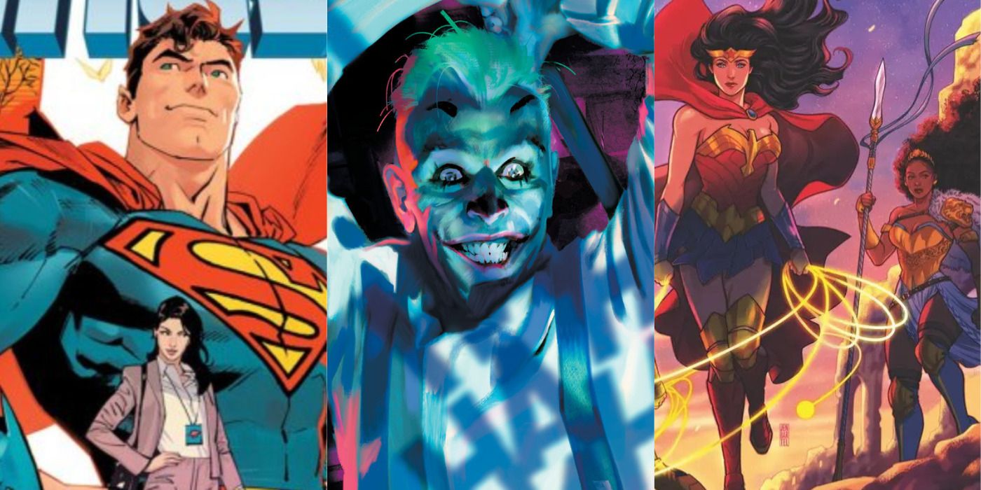 Split image of Superman in World's Finest, Joker in Kill the Joker, & Wonder Woman in DC Comics