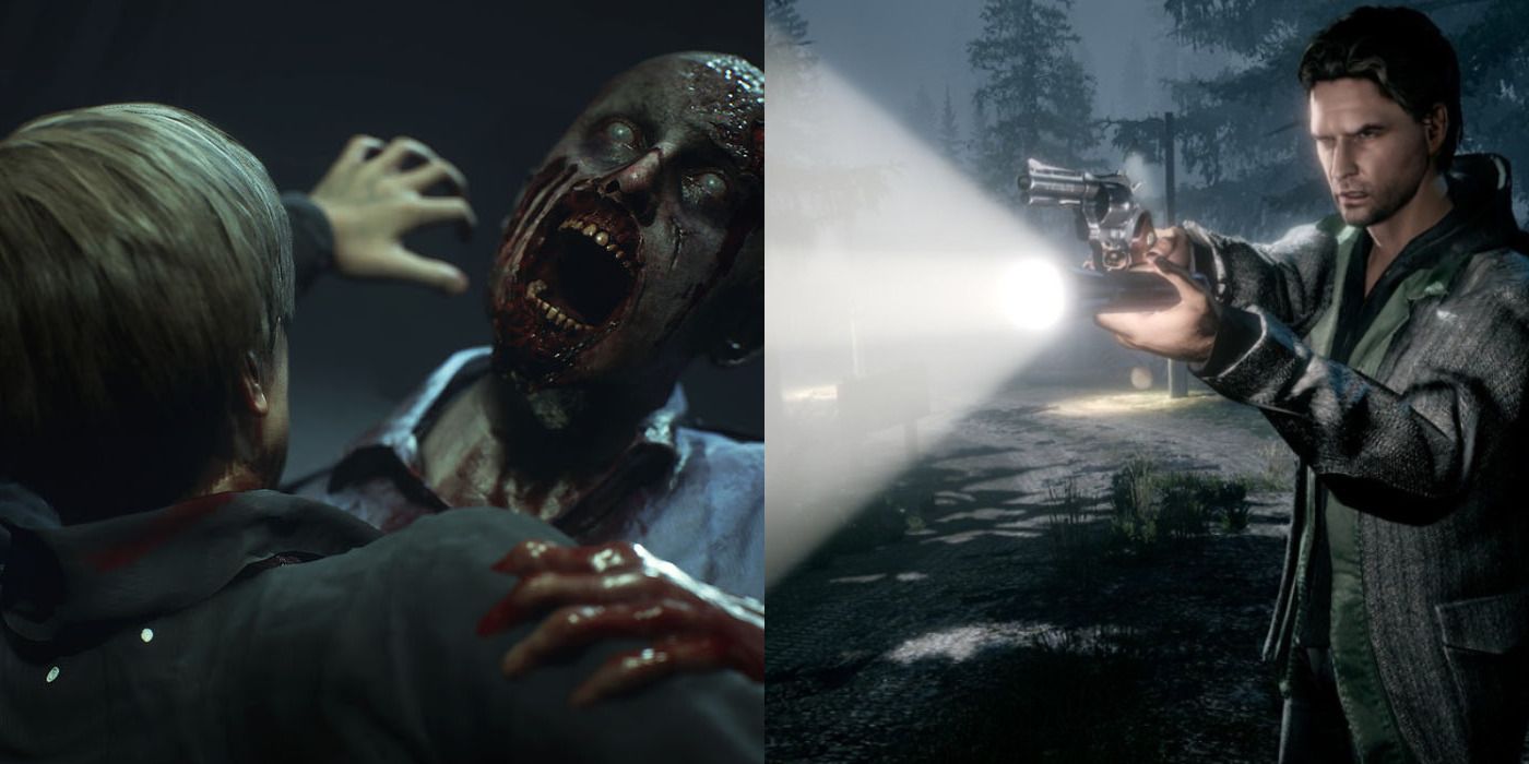 Split image of a man being attacked by a zombie in Resident Evil 2 & Alan with a gun in Alan Wake.