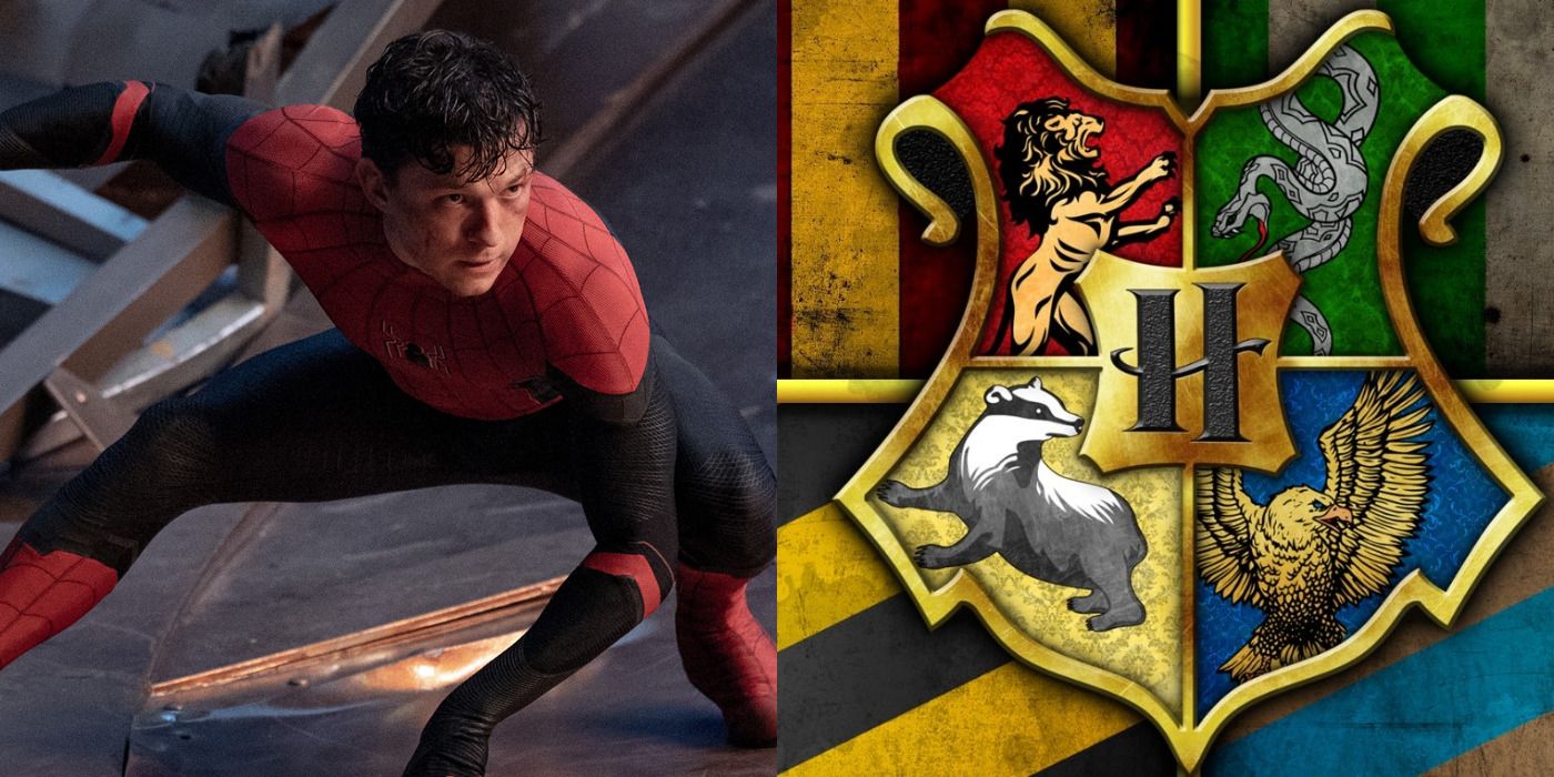 Split image of Peter Parker crouching in Spider-Man No Way Home & the Hogwarts house symbol in Harry Potter.