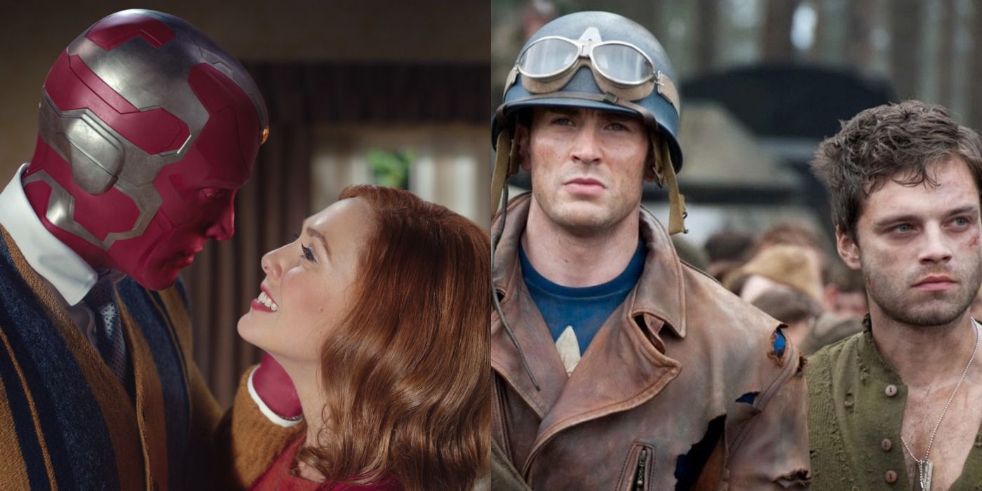 Split image of Wanda and Vision in WandaVision & Steve and Bucky in Captain America.