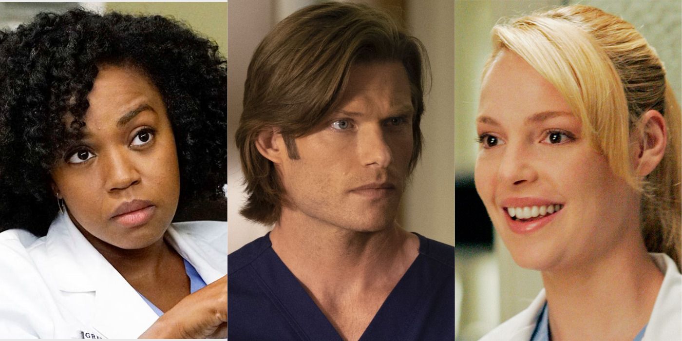 Split image of Stephanie Edwards looking serious, Link staring intently, & Izzie smiling in Grey's Anatomy.