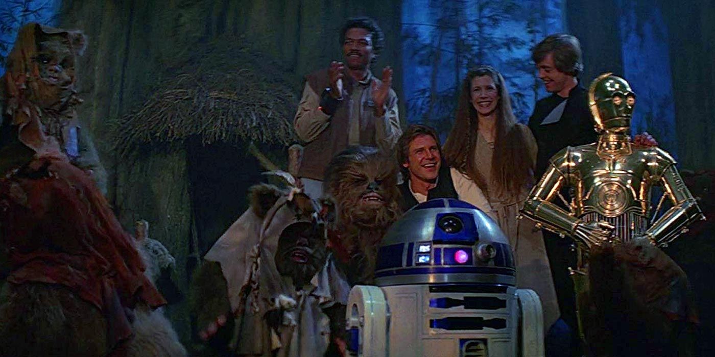 The Rebels and Ewoks celebrate at the end of Return of the Jedi
