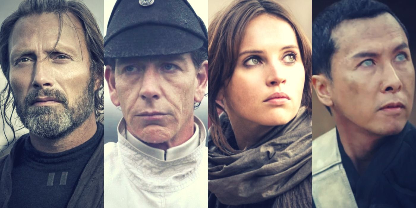 A split image of Galen, Krennic, Jyn, and Chirrut in Rogue One