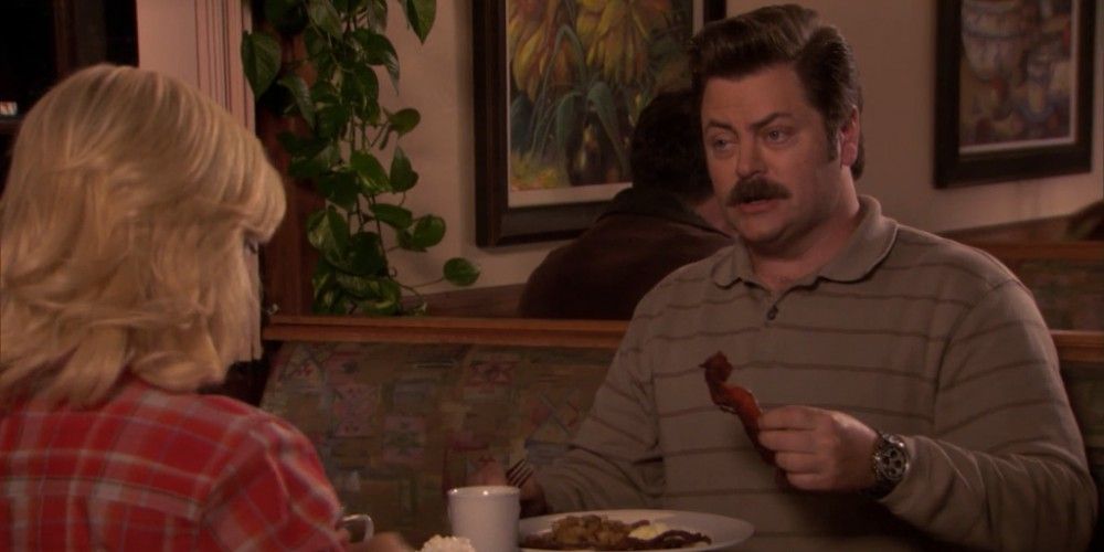 S02E20 of Parks and Rec with Ron eating bacon and saying people are idiots.