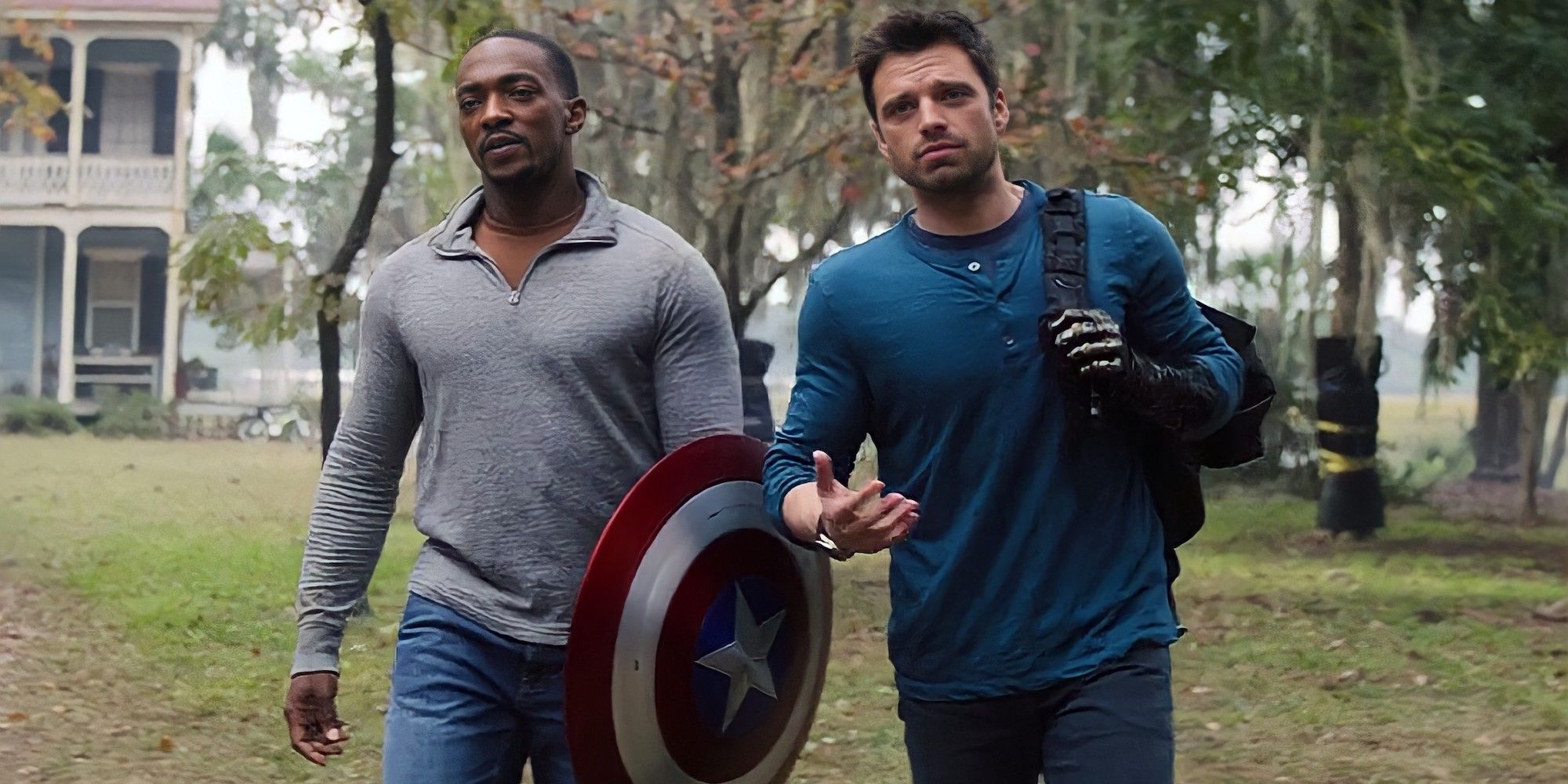 Sam, Bucky, and the shield in The Falcon and the Winter Soldier
