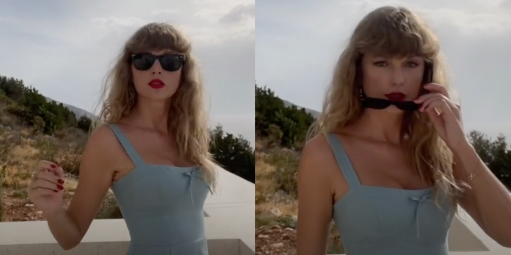 Split image of Taylor Swift doing the Wildest Dreams challenge.