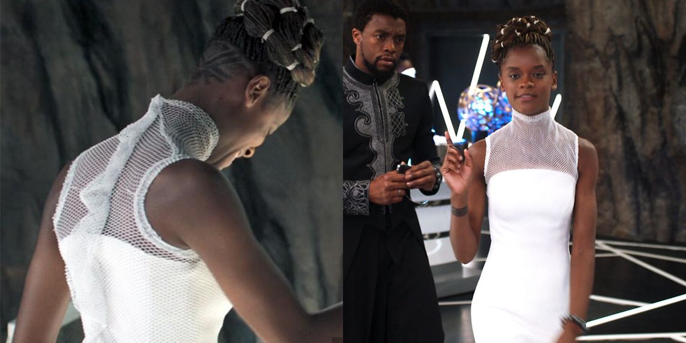 Side by side image of the front and back of Shuri's white dress in Black Panther