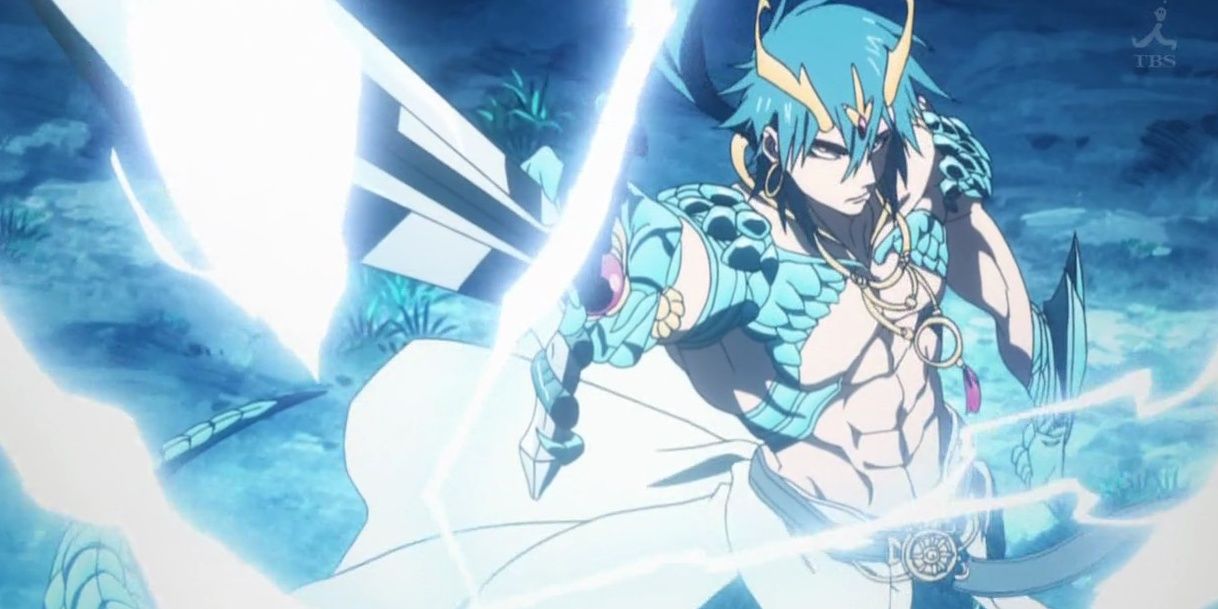Sinbad, with Baal equipped, raises his sword as lightning strikes it in Magi: The Labyrinth of Magic.