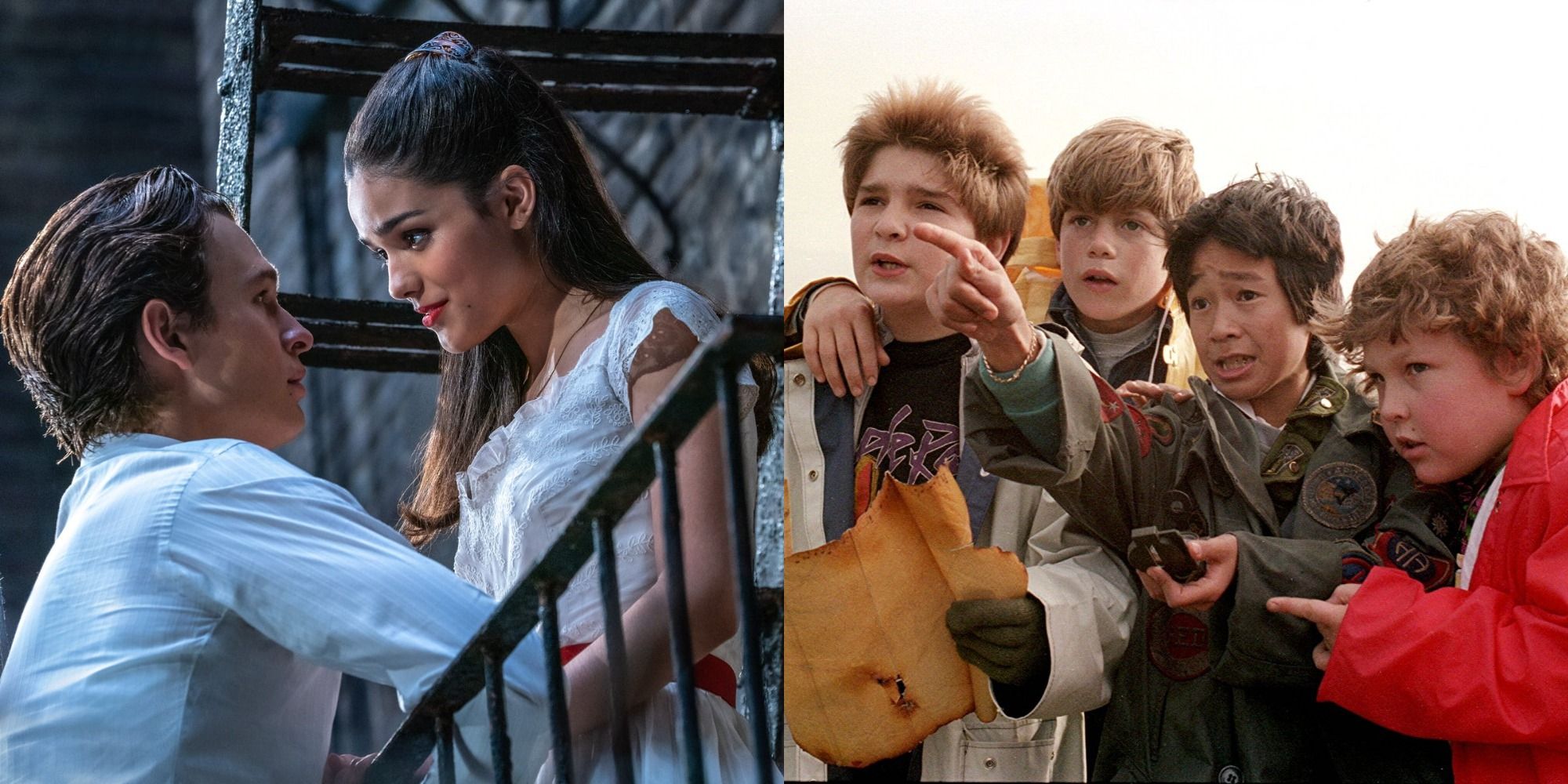 Split image of Tony and Maria in West Side Story and the boys in The Goonies