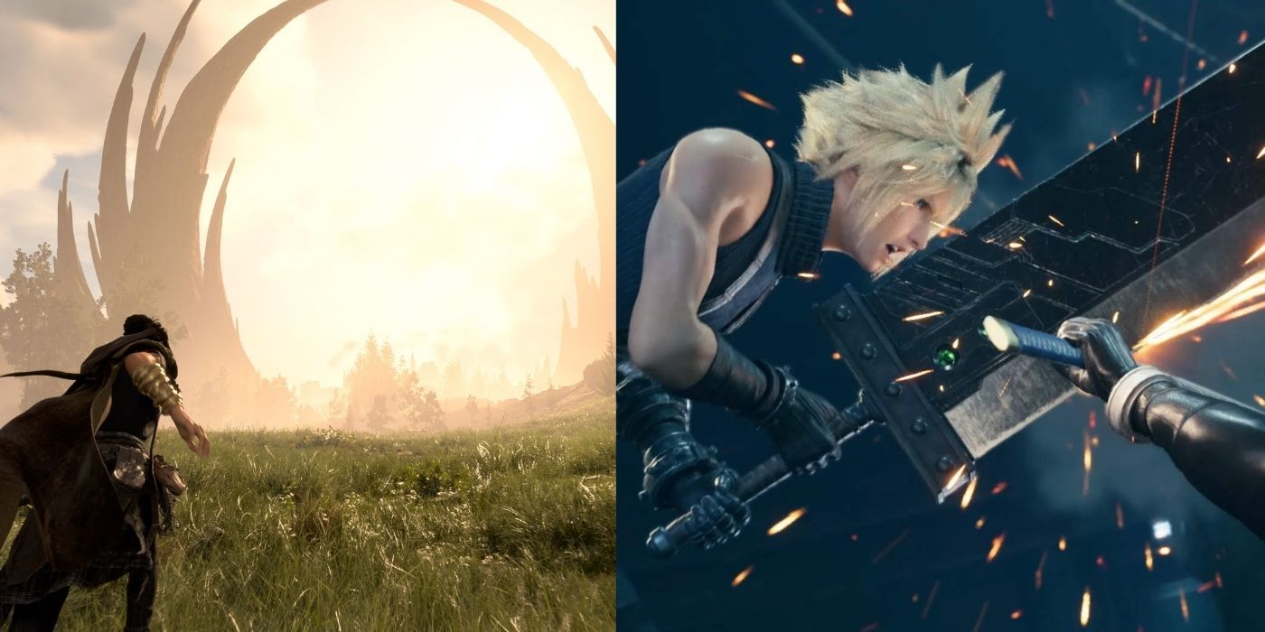 split image of Forspoken and Final Fantasy VII Remake Cloud with buster sword