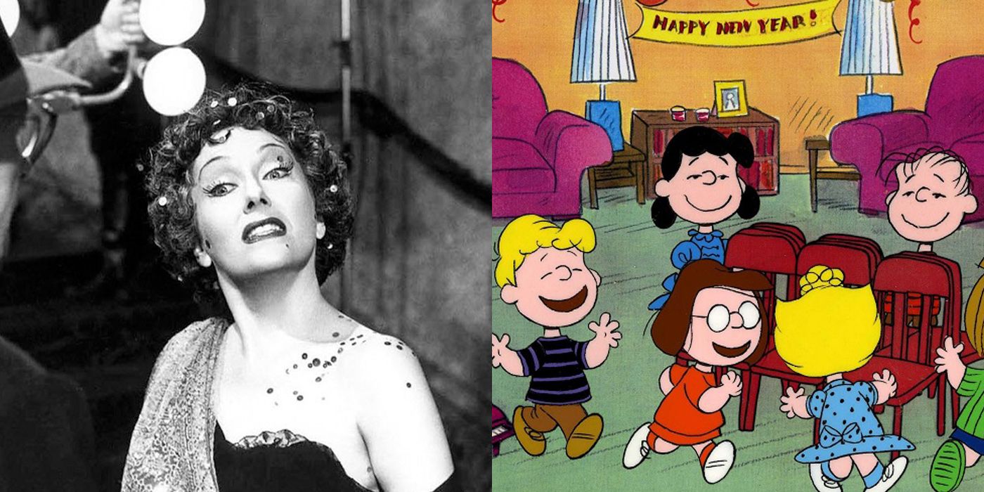 split image sunset boulevard and charlie brown new year
