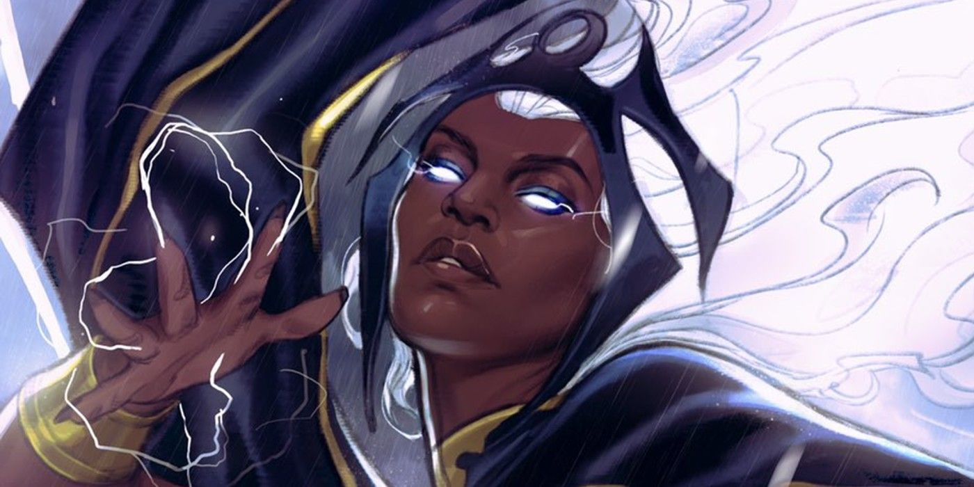 Storm looks on with white eyes from X-Men comics