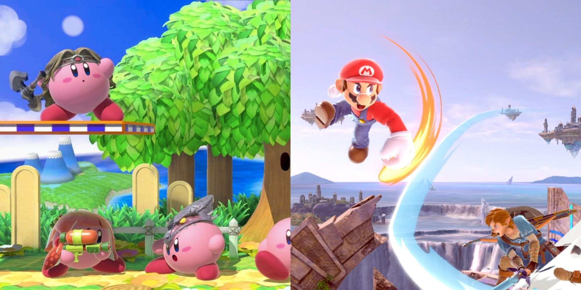 Split image of Kirby and Mario fighting in Super Smash Bros.