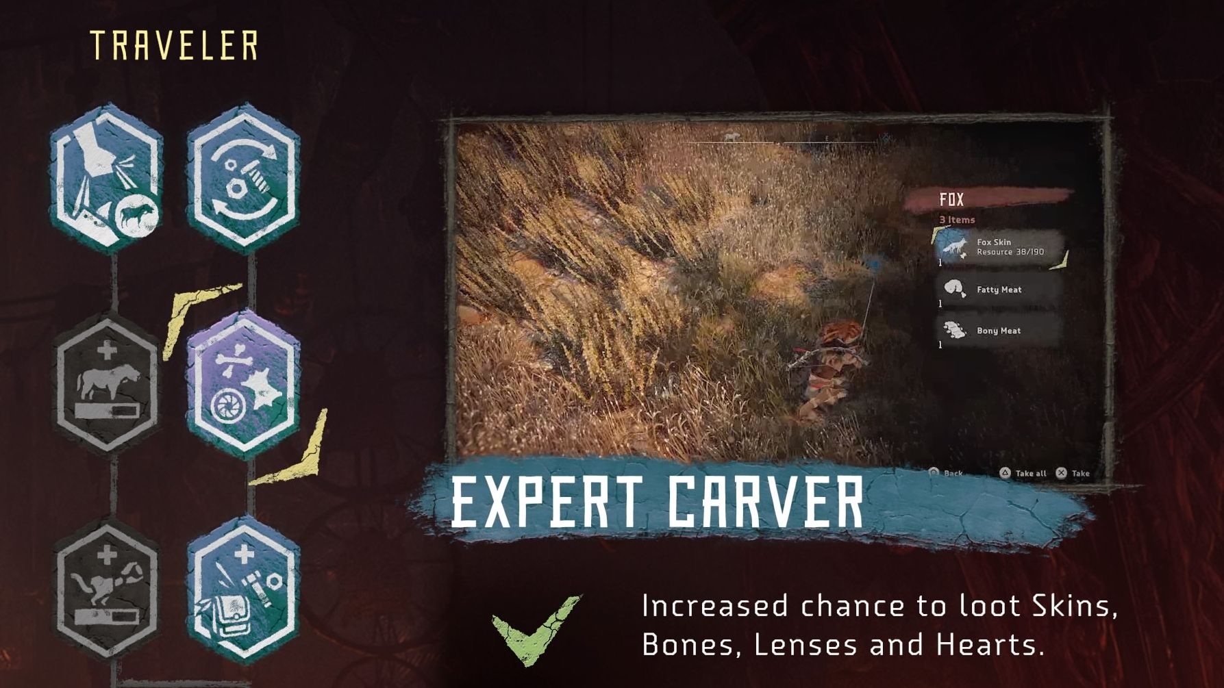The Traveler Branch of the Skill Tree in Horizon Zero Dawn has the Expert Carver Skill for Hunting