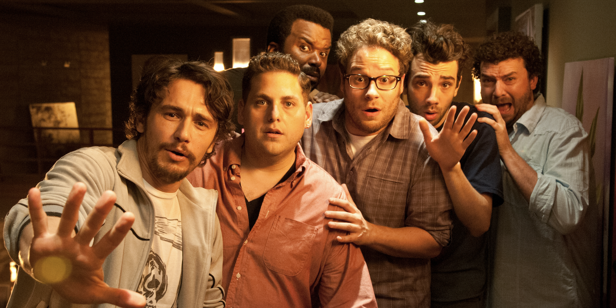 James Franco, Jonah Hill, Craig Robinson, Seth Rogen, Jay Baruchel and Danny McBride acting scared of the apocalypse in This Is The End.