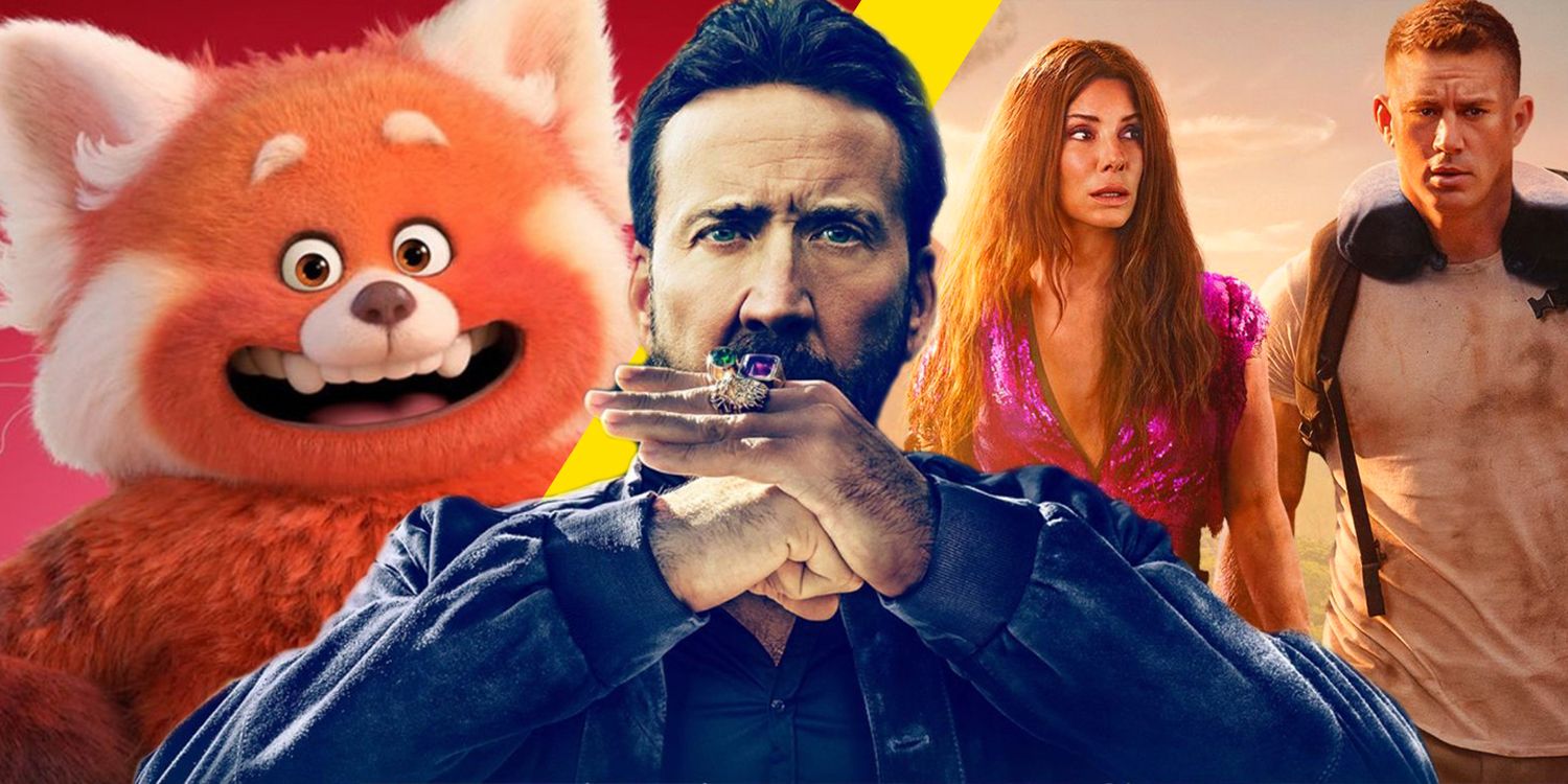 The Most Anticipated Comedy Movies of 2022, with Nic Cage from The Unbearable Weight of Massive Talent, Sandra Bullock and Channing Tatum from The Lost City, and the Panda from Turning Red.