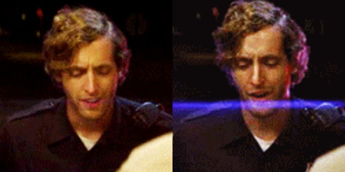 Split image of Thomas Middleditch as a cop in The Kings Of Summer.