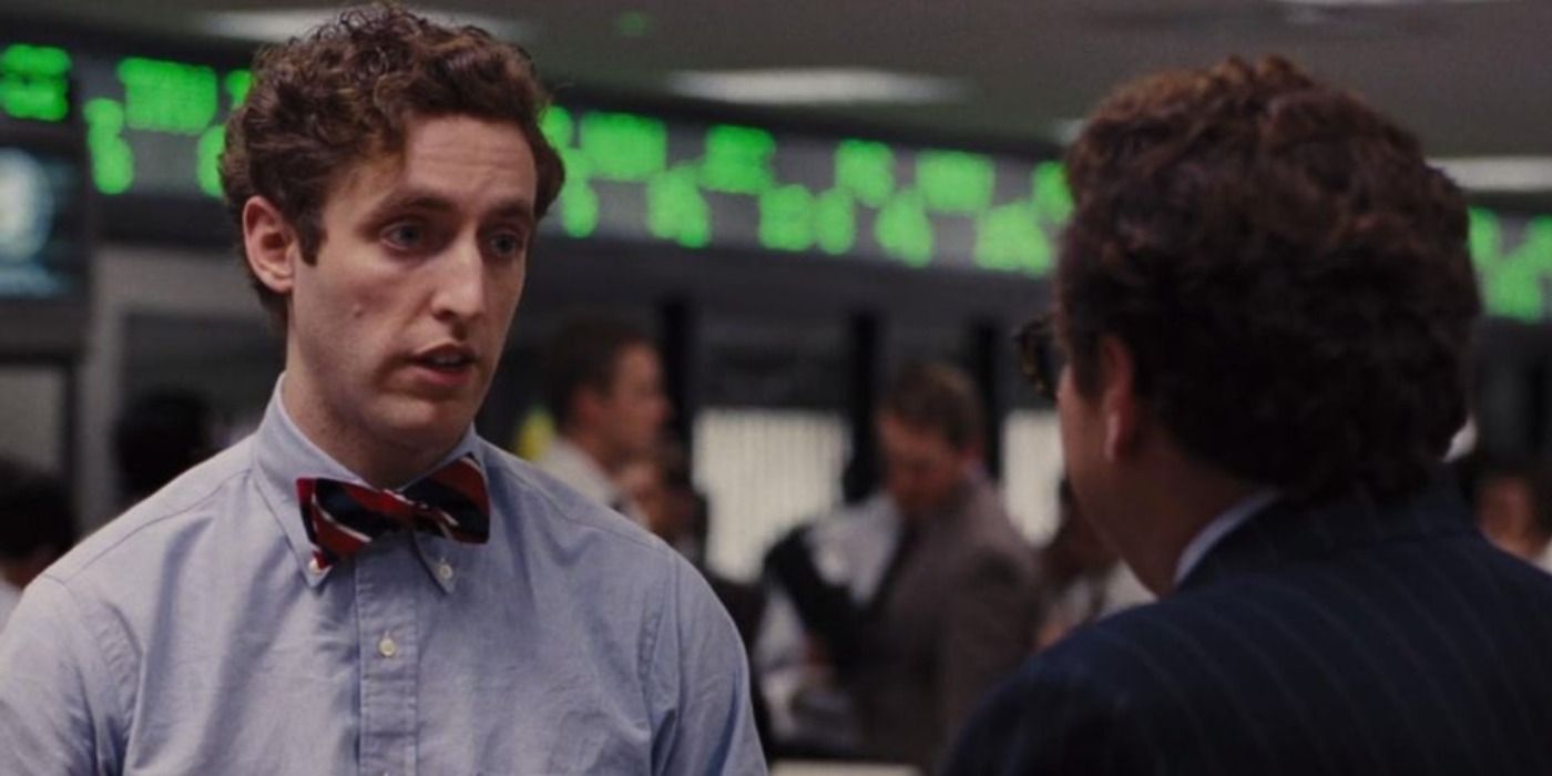 Thomas Middleditch wearing a bow tie in the Wolf Of Wall Street.